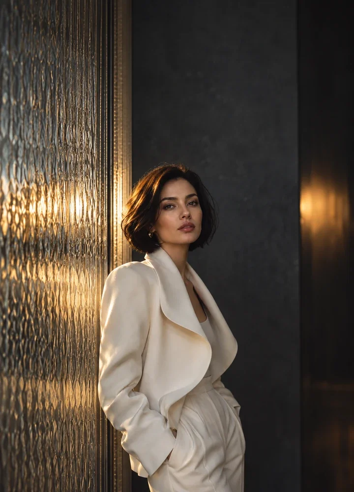Editorial portrait beside rippled glass