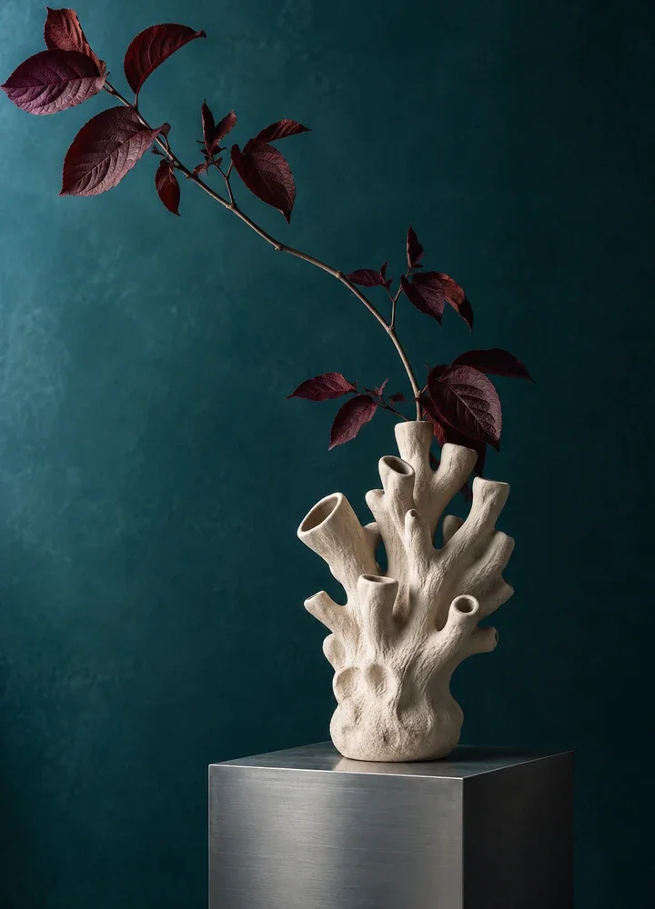 Sculptural ceramic vase on an aluminum plinth