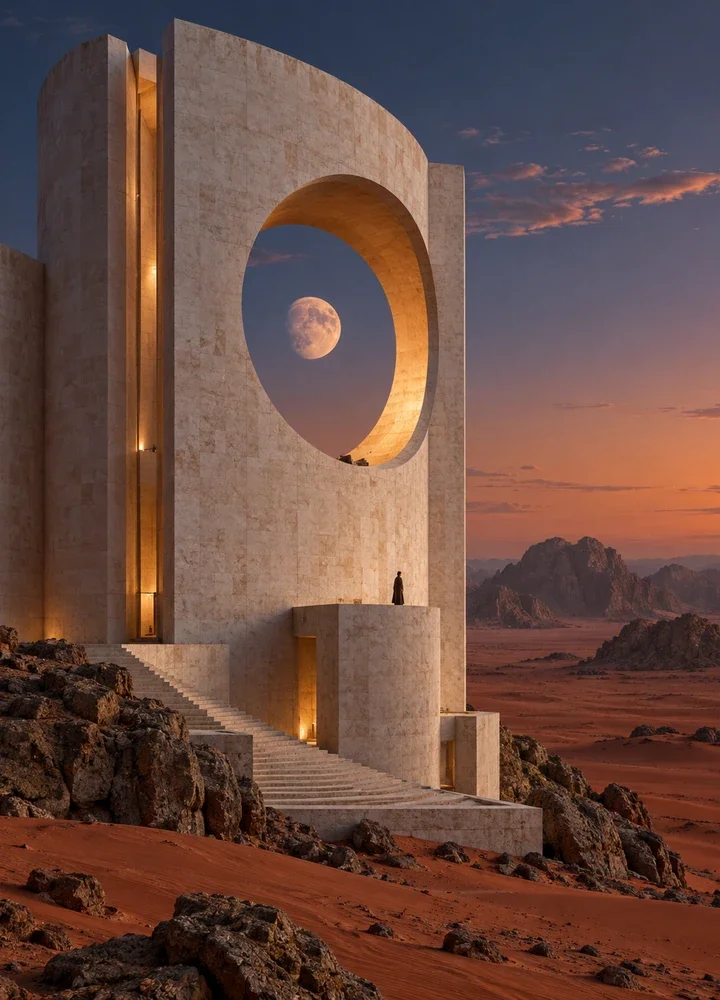 Limestone observatory in a red desert at twilight