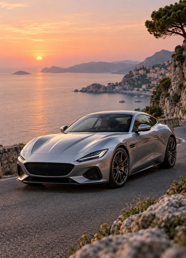 Silver sports coupe by the sea at dawn