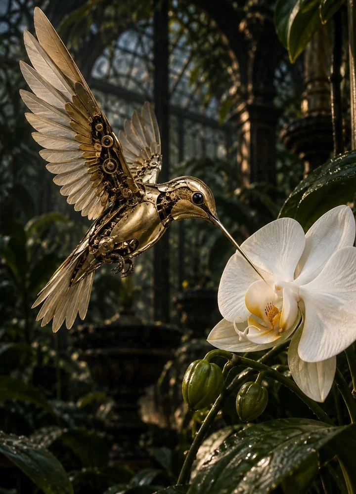 Brass robotic hummingbird and a white orchid