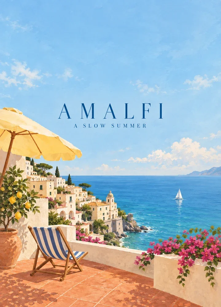 Painted Amalfi coast travel poster