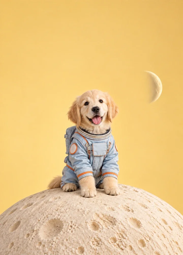 Golden retriever puppy in a pale-blue astronaut suit