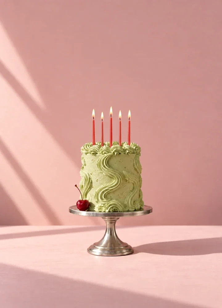 Pistachio birthday cake with five coral candles