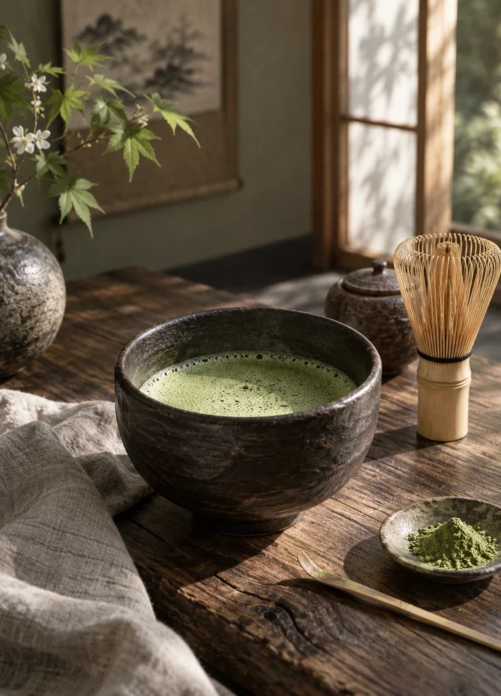 Matcha bowl and bamboo whisk in soft window light