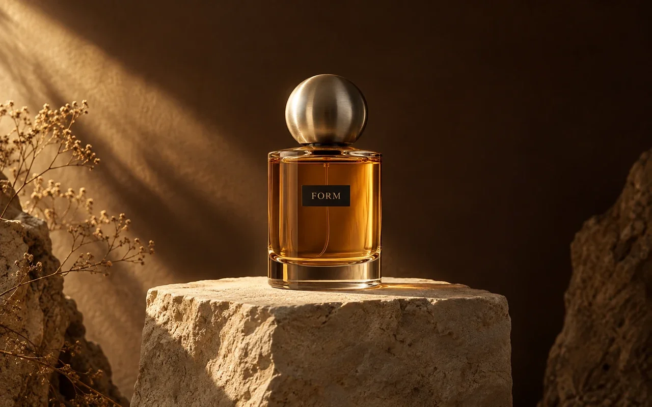 Amber perfume in a dark studio