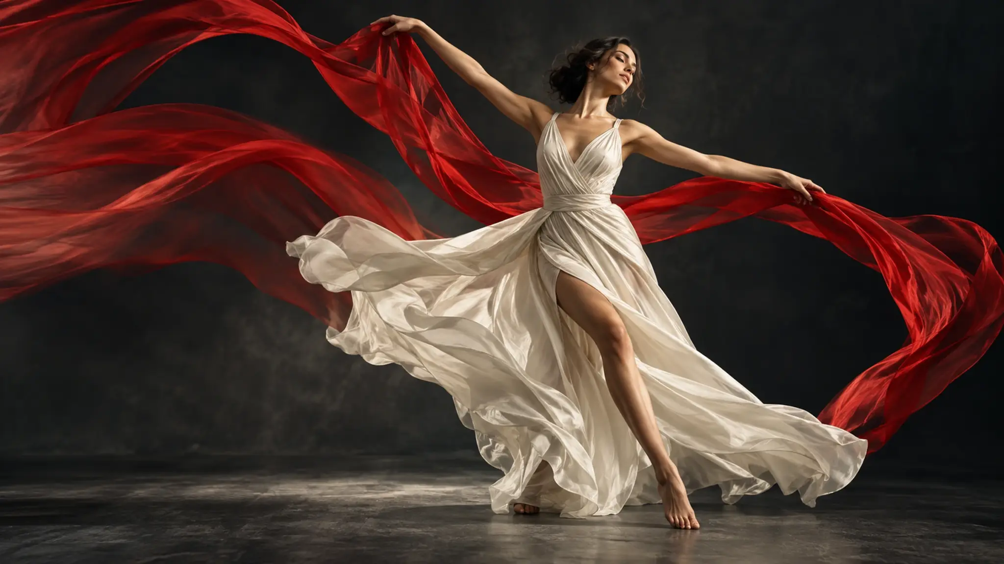 Ivory silk dancer and flowing red fabric