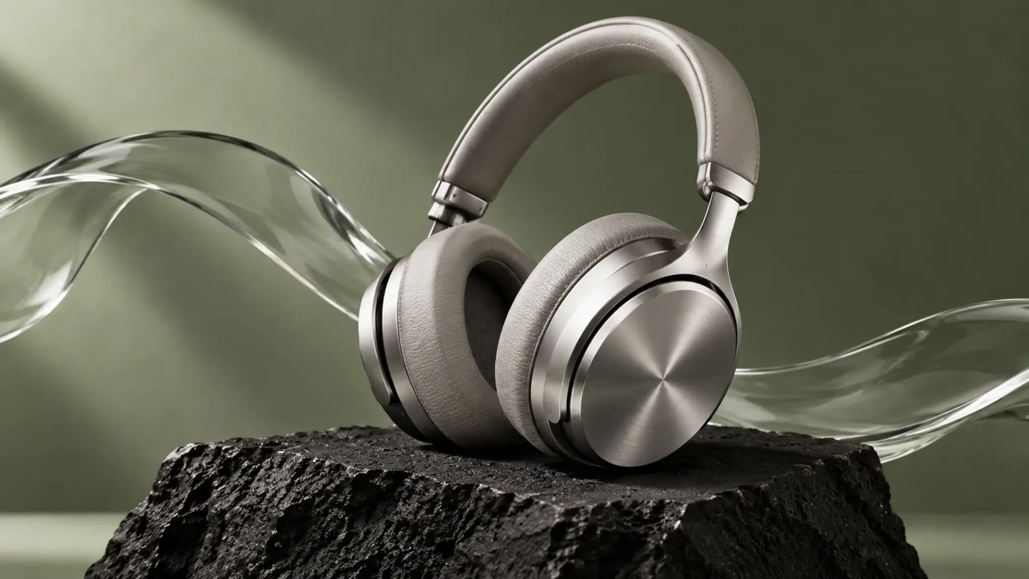 Silver headphones on volcanic stone