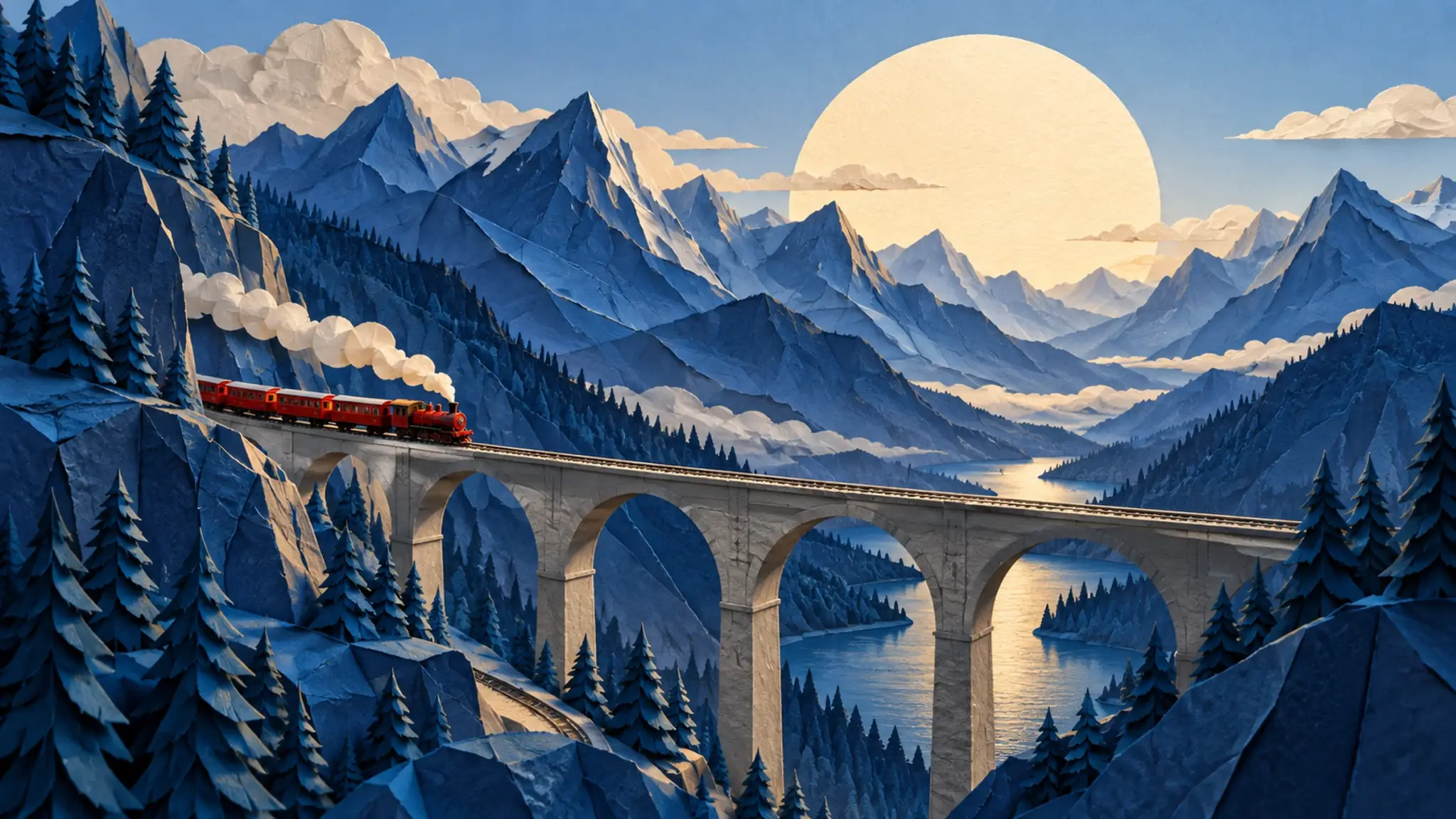 Paper train crossing cobalt mountains