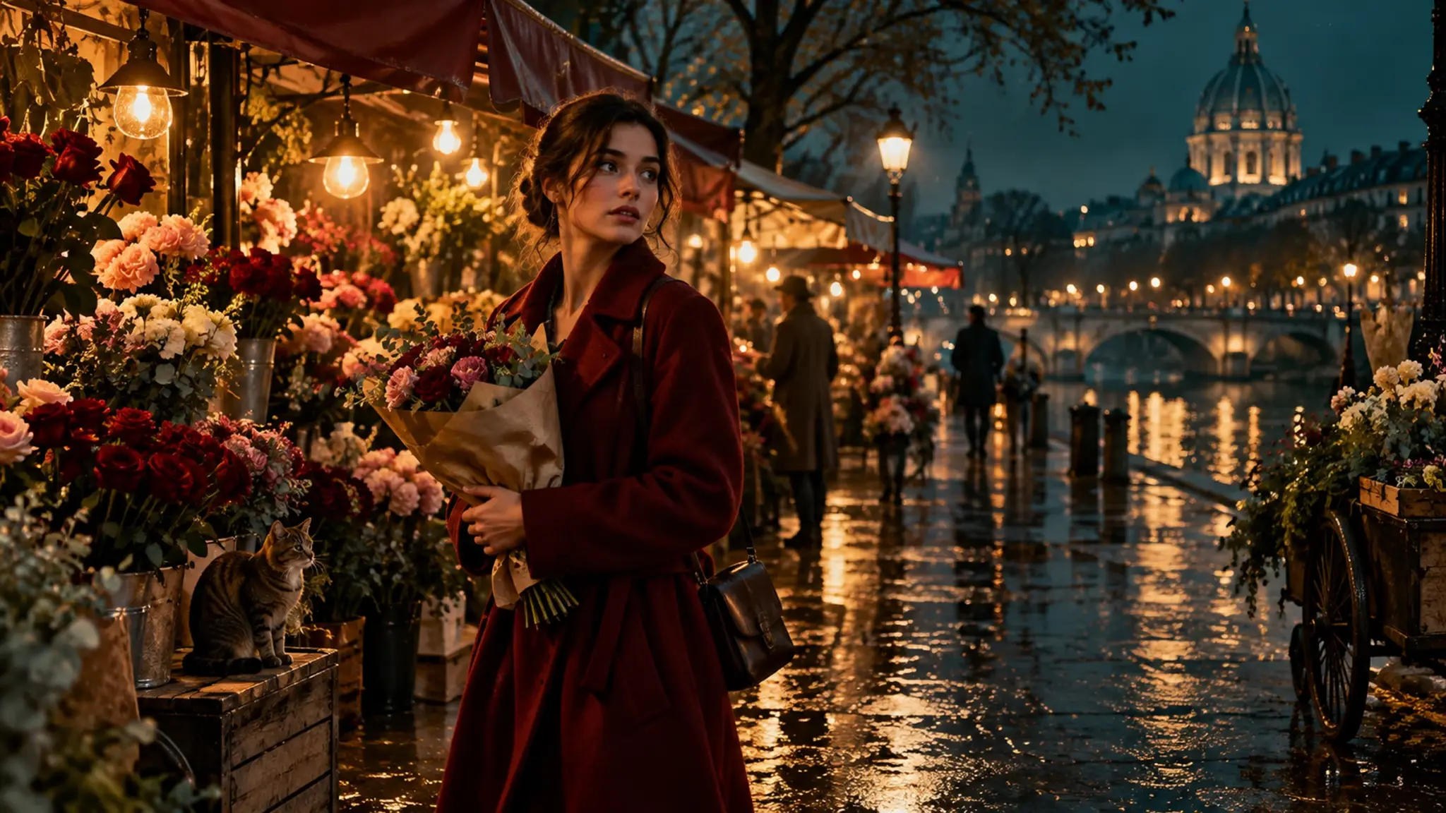 Woman at a midnight flower market
