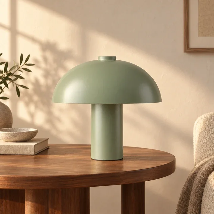The same sage lamp in a warm walnut interior