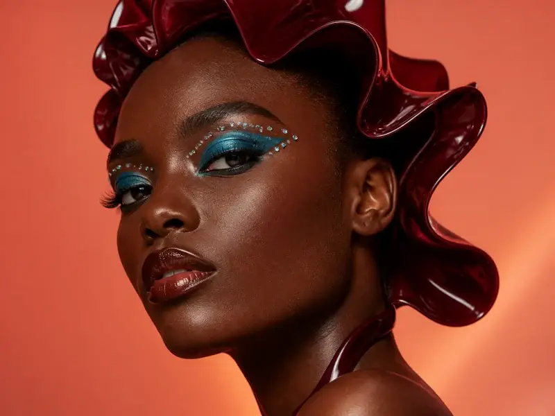 青绿色眼妆与酒红雕塑头饰的美妆人像