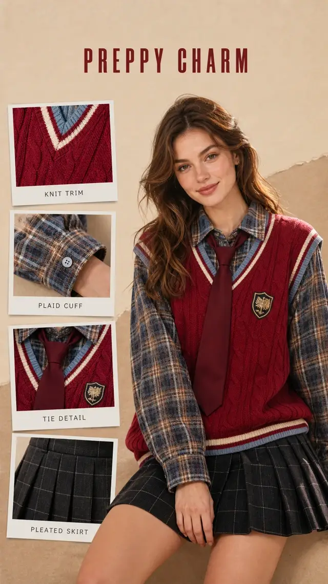 欧美模特展示红色学院风穿搭与配套服装细节