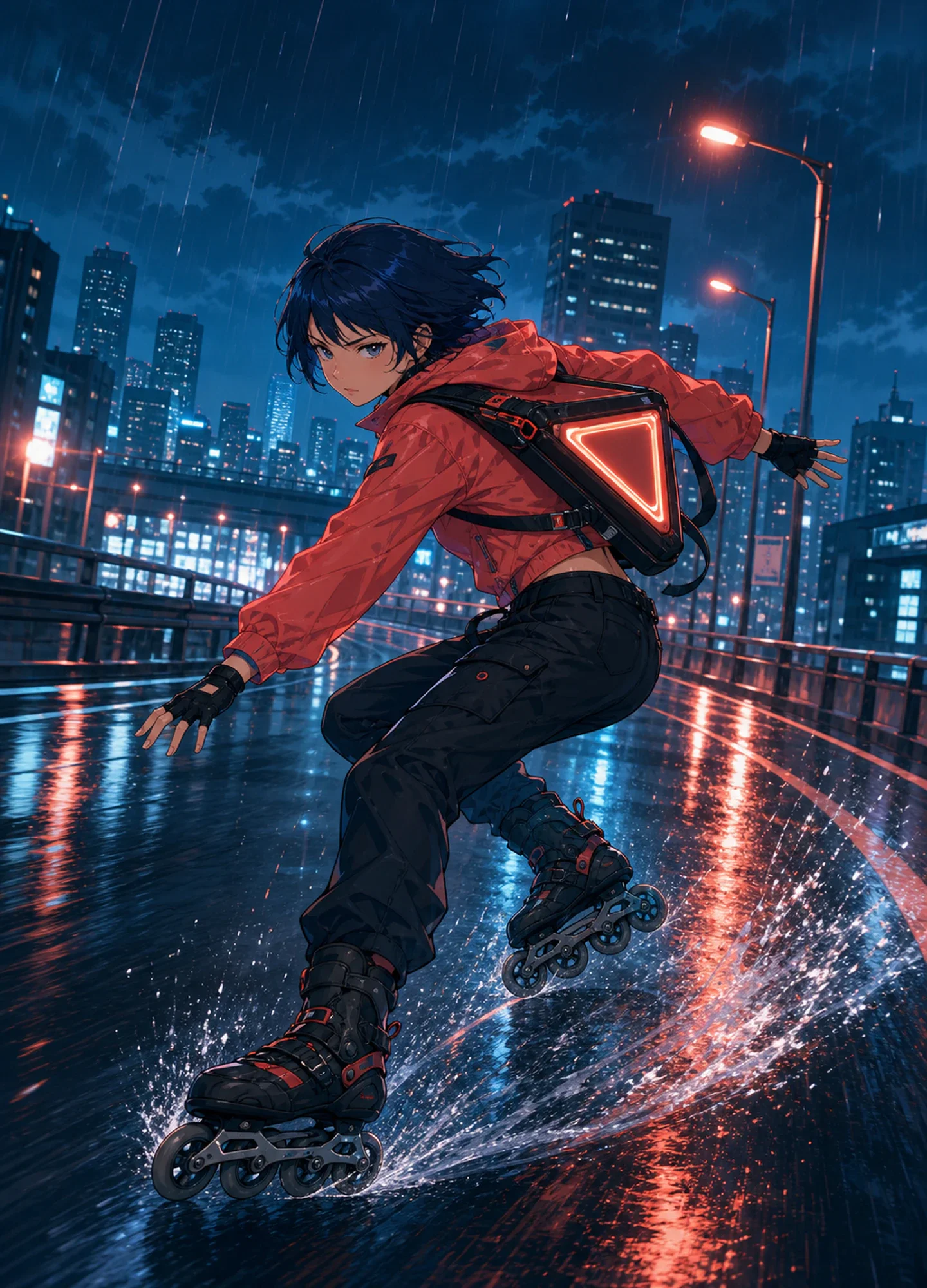 a courier in red cutting through a rain-soaked city in motion