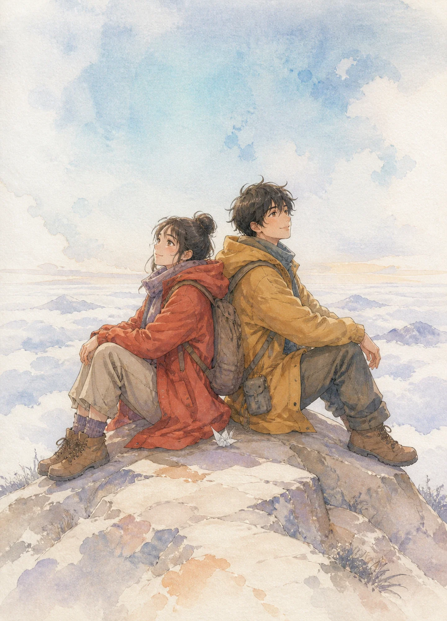 travelers crossing a luminous cloud ridge in an Eastern fantasy world