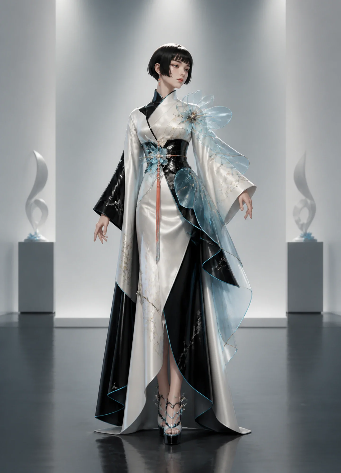 a biotech kimono character presented as a refined fashion editorial
