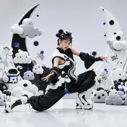 Stylized 3D anime fashion portrait with graphic materials