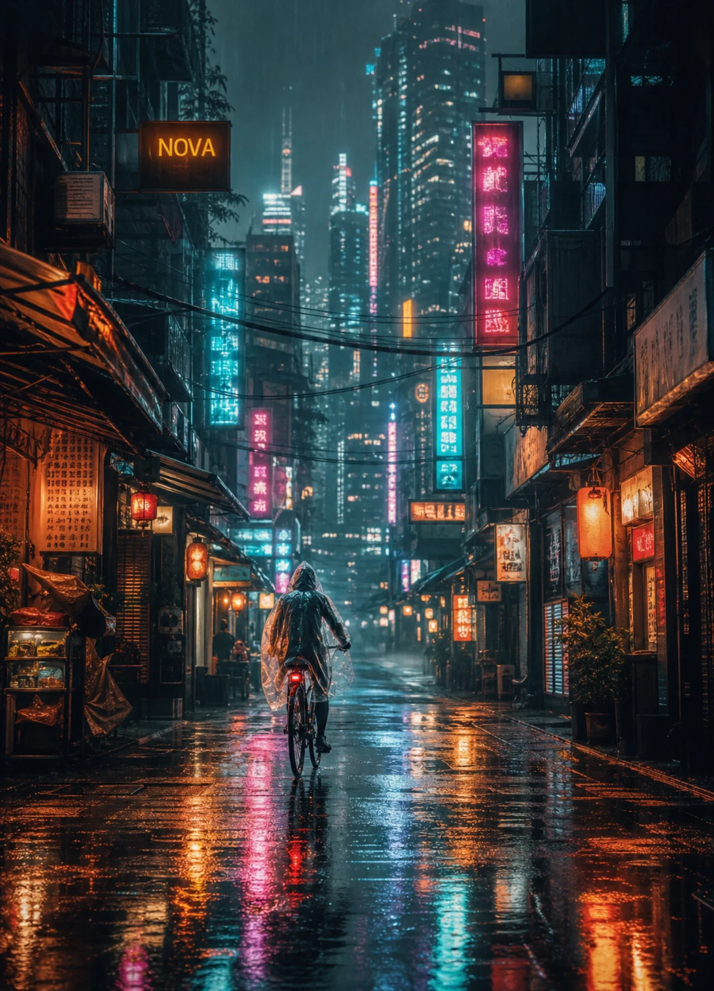 建筑细节丰富的雨夜霓虹城市
