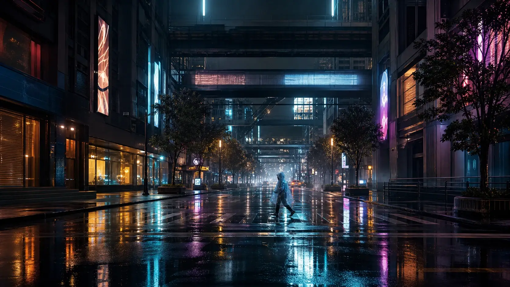建筑细节丰富的雨夜霓虹街道