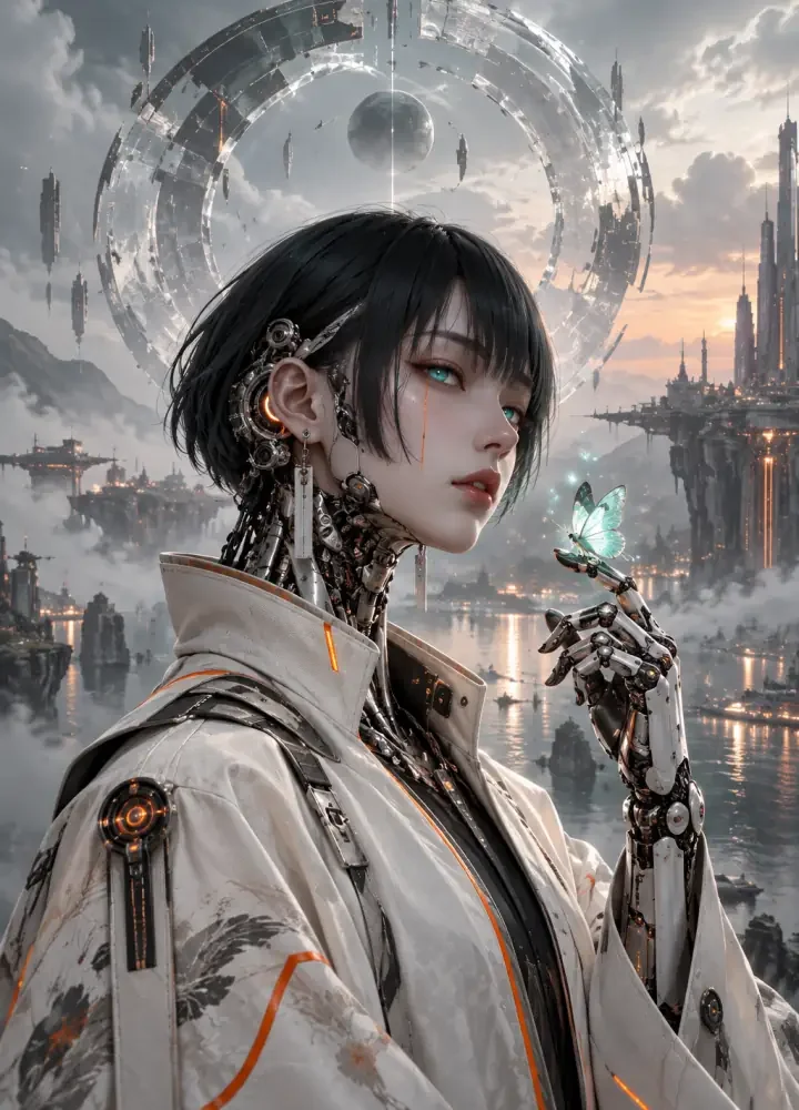 黑髮仿生人身穿象牙白科技外套，指尖停著發光蝴蝶，身後是破碎光環與未來海灣城市。