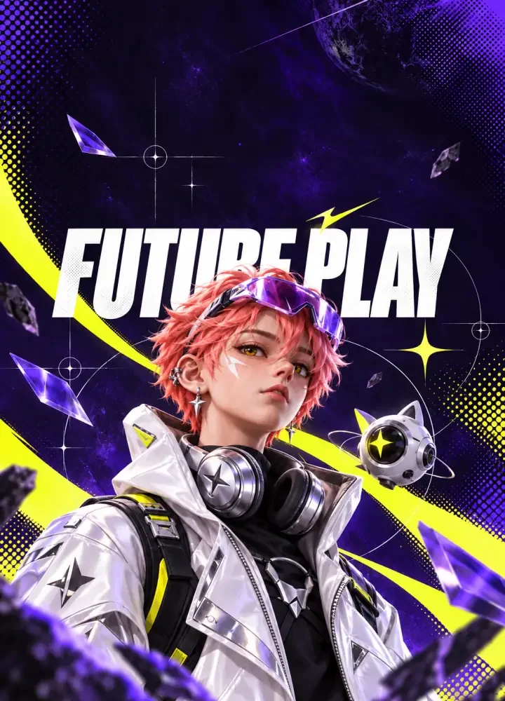 珊瑚粉髮潮流角色佩戴銀色耳機與紫色護目鏡，搭配 FUTURE PLAY 字樣及紫黃圖形的立體海報。