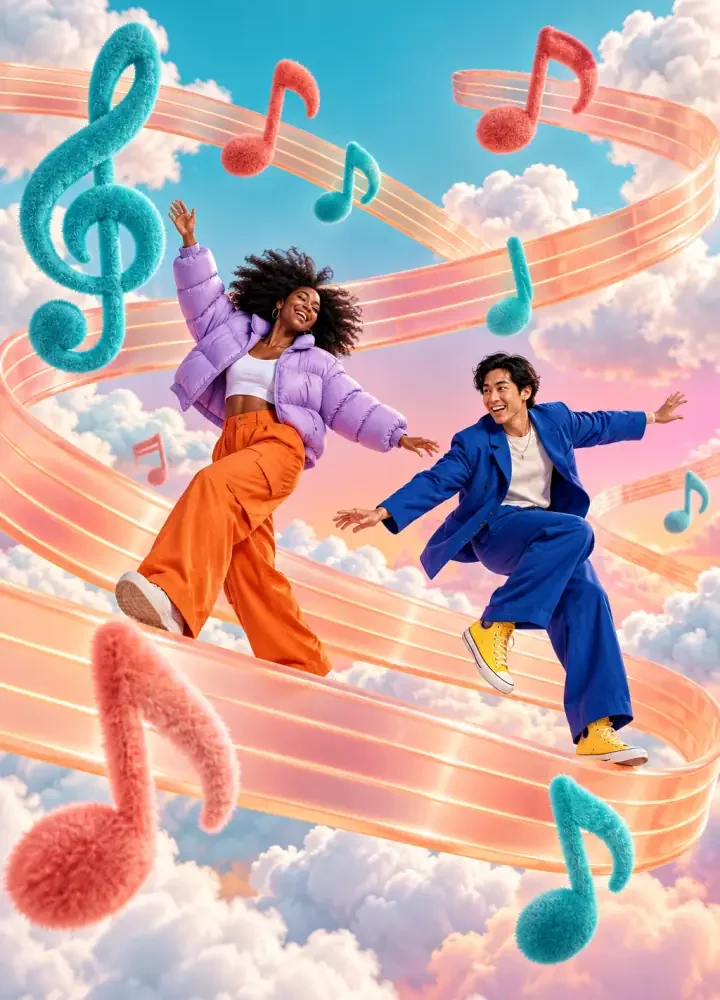 兩位時裝舞者在雲端透明桃色樂譜飄帶上躍動，巨型絨毛音符與藍粉天空，超現實音樂廣告。