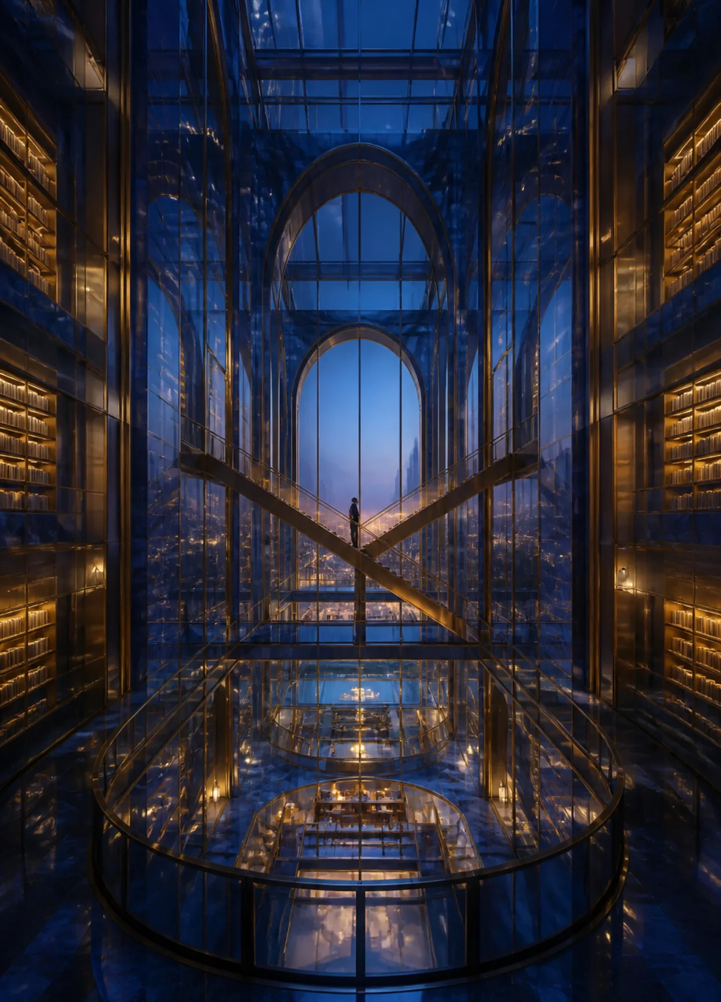 a cobalt-glass library atrium with suspended brass staircases