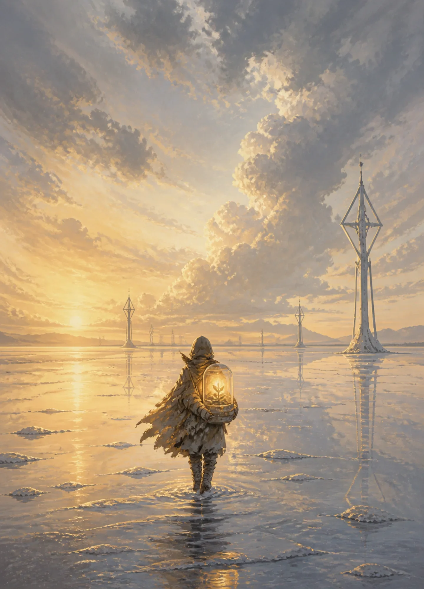 a seed courier crossing a reflective salt flat at dawn