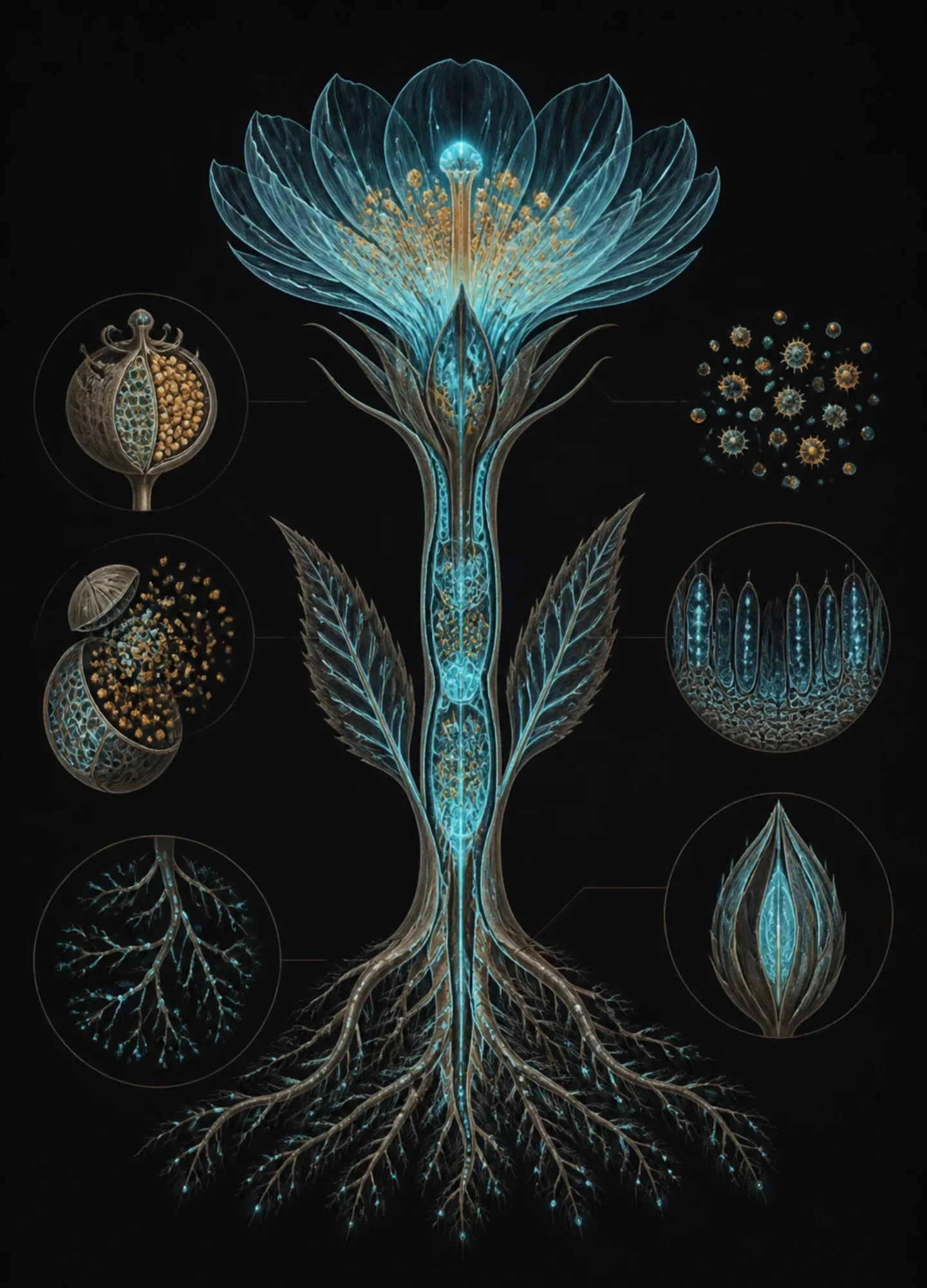 a museum botanical study of a bioluminescent desert flower