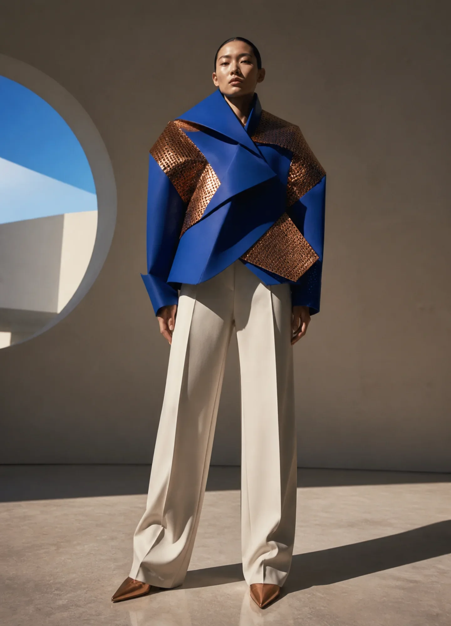 a sculptural cobalt-paper fashion look in a minimal gallery