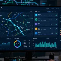 Fictional transit control dashboard with maps, cards, charts, and status chips