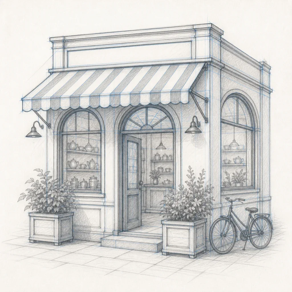 Pencil sketch of a neighborhood tea shop used as an editing reference