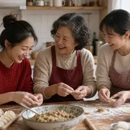 三代女性在自然窗光下一起包饺子