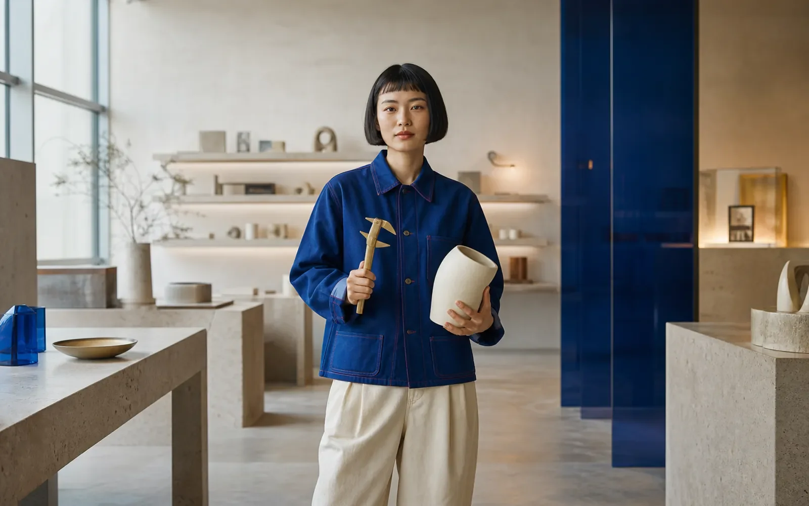 设计师 Aya 在钴蓝材料工作室手持陶瓷原型