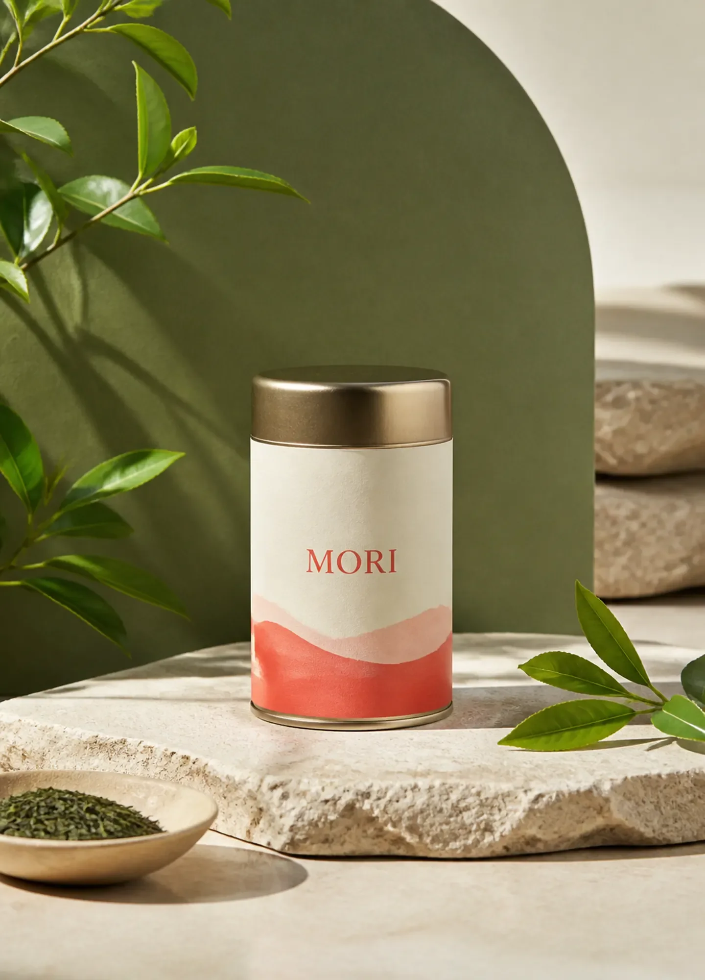 拥有稳定绿与珊瑚红品牌系统的虚构 MORI 茶包装
