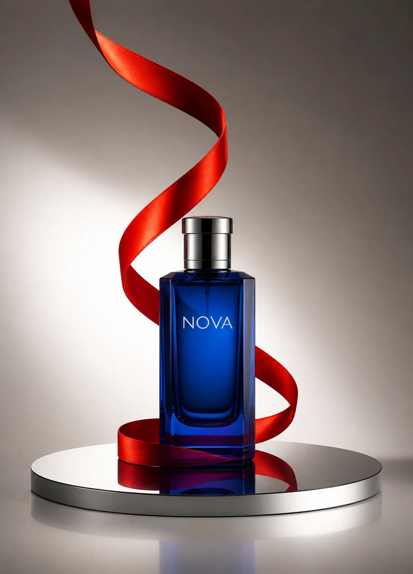 被朱红丝带环绕的钴蓝 NOVA 香水瓶