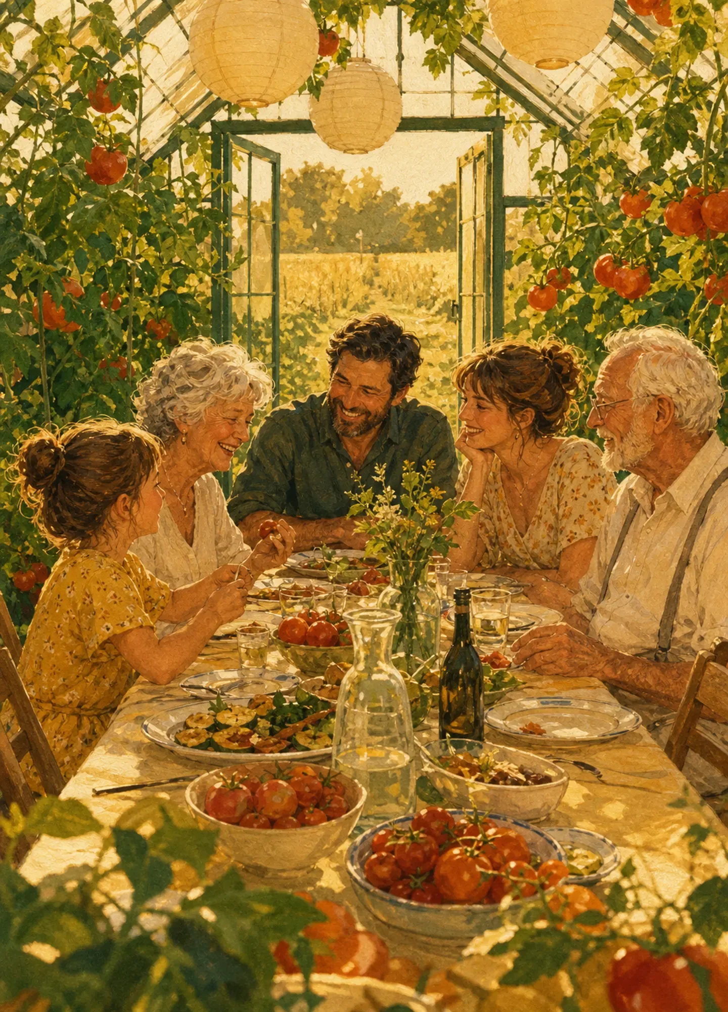 夏日温室中多代同堂聚餐的插画