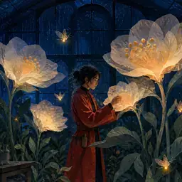 温室夜间植物学家的剪纸水粉插画