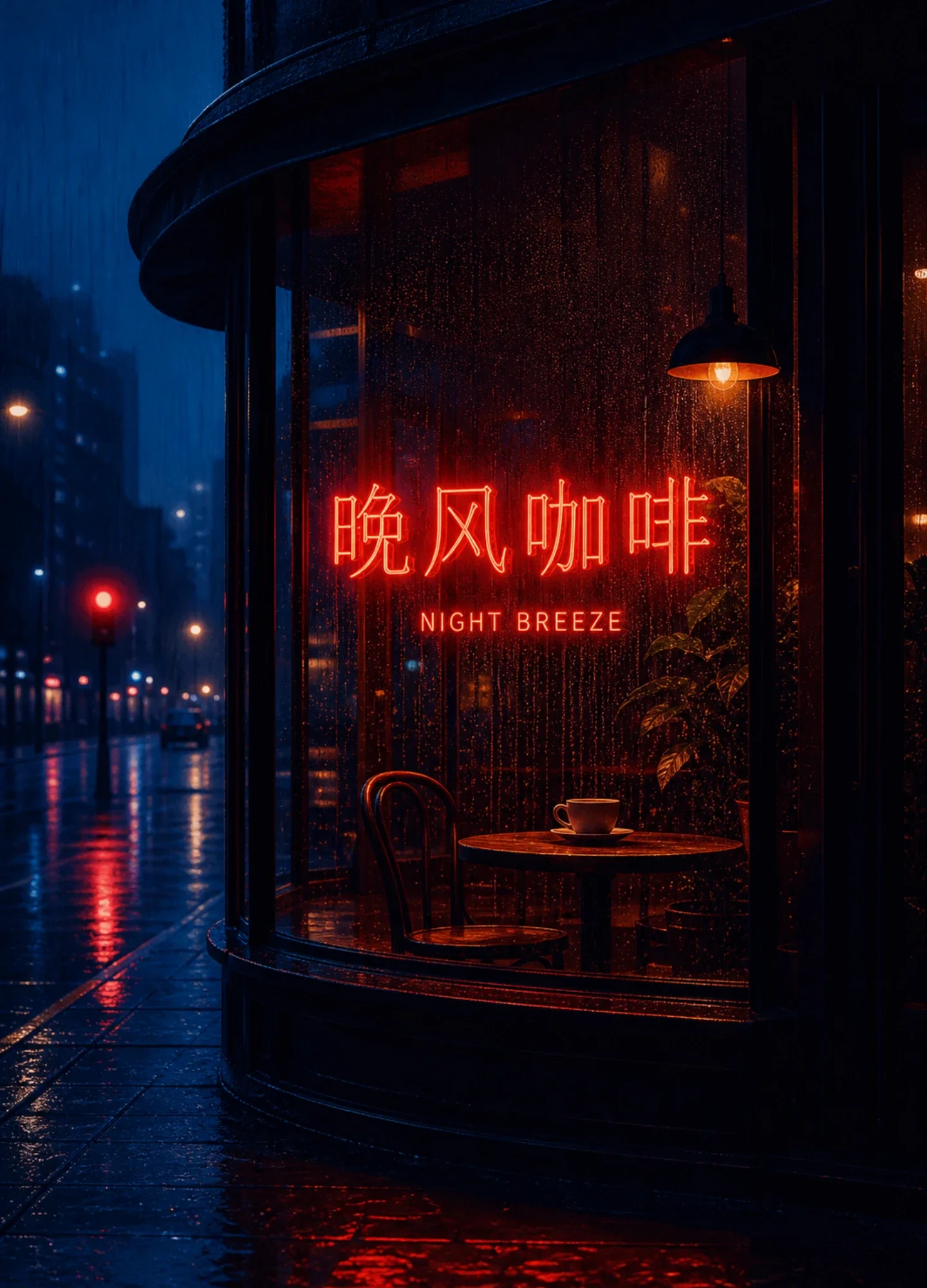 带清晰中英文展示文字的雨夜咖啡馆宣传图