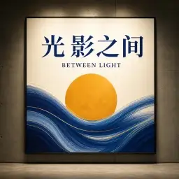 展示中文标题“光影之间”和英文副标题“BETWEEN LIGHT”的画廊海报
