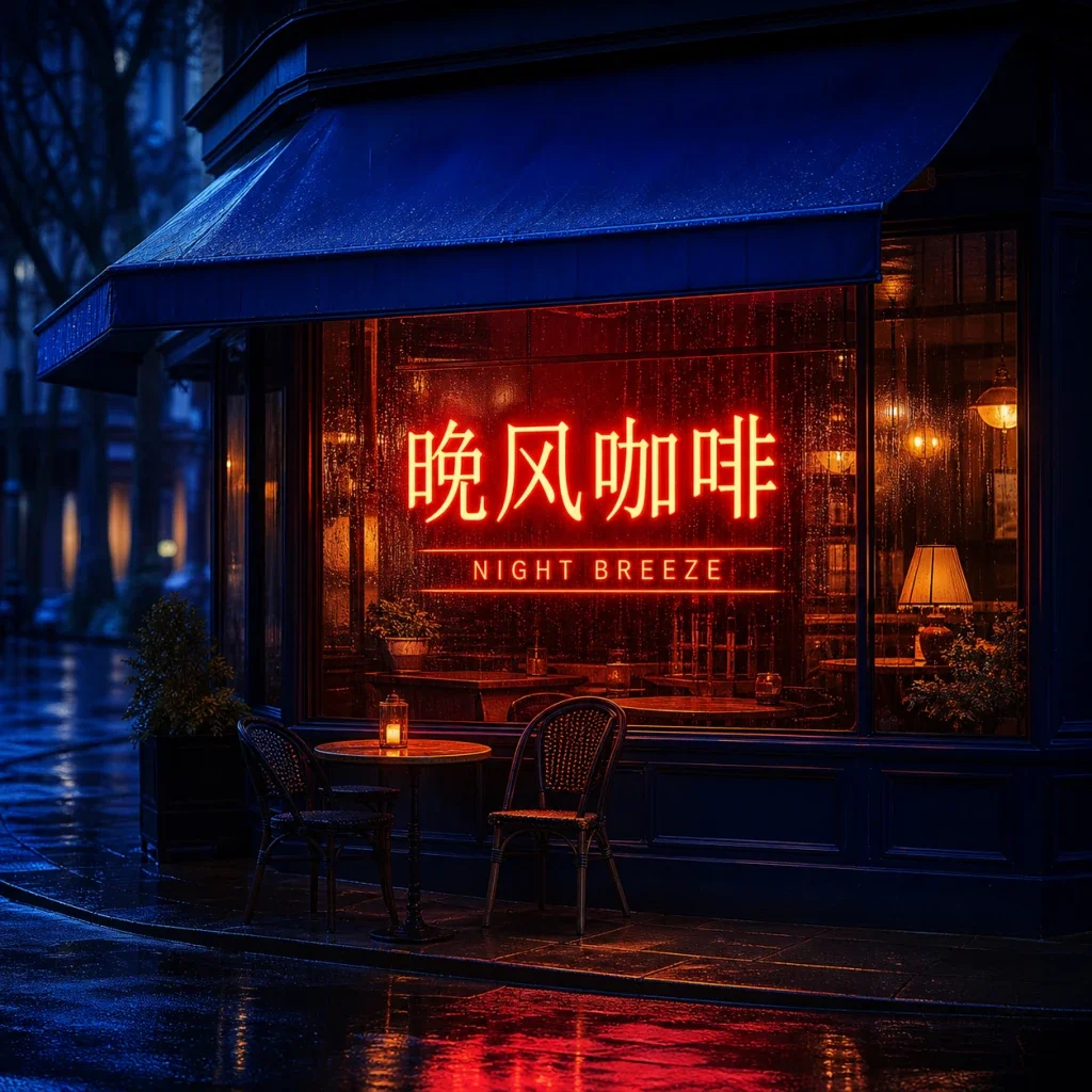 雨夜街道中的双语咖啡馆海报，展示“晚风咖啡”和“NIGHT BREEZE”
